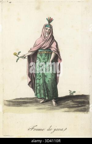 Costume d'une femme javanaise, Indonésie. Elle porte une casquette avec des plumes, un long manteau sur la tête et les épaules, couvrant un kebaya, sarong en coton imprimé batik. Femme de Java. Gravure sur cuivre colorée à la main par Jacques Grasset de Saint-Sauveur d'après les costumes civils actuels de tous les peuples connus de Sylvain Marechal, dessines d'apres nature, costumes civils actuels de tous les peuples connus, tirés de la nature, chez Pavard, Paris, 1788. Banque D'Images