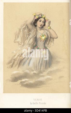 Figure allégorique de Vénus, la belle planète, deuxième du Soleil. Femme en guirlande d'étoiles, châle et corsage, décorée d'étoiles. Vénus, la belle Etoile. Chromolithographie de Godard d'après une illustration de Pierre-Gustave-Eugène Staal tirée des Etoiles animées d'Alfred Villeneuve, les étoiles animées, Louis Janet, Paris, années 1850 Banque D'Images