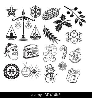 Beaux flocons de neige et griffonnages d'étoiles dans le style artistique de ligne noir et blanc. Idéal pour les cartes de Noël élégantes, les emballages et les modèles d'impression hivernale. Illustration de Vecteur