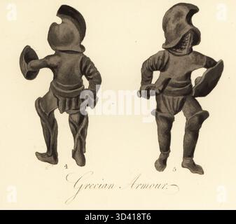 Ancienne armure grecque. Devant et dos d'une figure en bronze en casque, avec bouclier et épée, au British Museum. Gravure coloriée de Joseph Strutt tirée de son ouvrage Complete View of the Dress and habits of the People of England, Henry Bohn, Londres, 1842. Banque D'Images