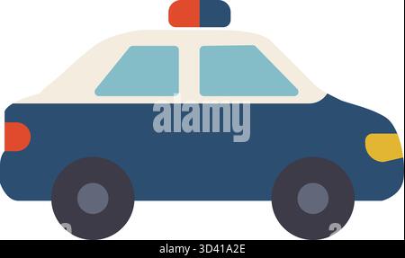 Berline de police bleue avec des lumières rouges et bleues sur le toit, des vitres pâles et des roues arrondies dans un style vectoriel plat et simple. Illustration de Vecteur