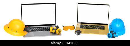 Ordinateurs portables avec des écrans vierges entourés de casques de construction, respirateurs et protections auditives isolés sur fond blanc avec chemin de clipping, symbolisant w Banque D'Images