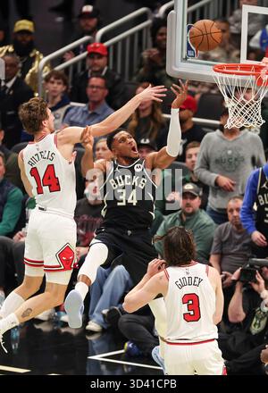 Milwaukee, États-Unis. 7 novembre 2025. Giannis Antetokounmpo (C) des Milwaukee Bucks monte dans le panier lors du match de saison régulière NBA 2025-2026 entre les Milwaukee Bucks et les Chicago Bulls à Milwaukee, aux États-Unis, le 7 novembre 2025. Crédit : Joel Lerner/Xinhua/Alamy Live News Banque D'Images