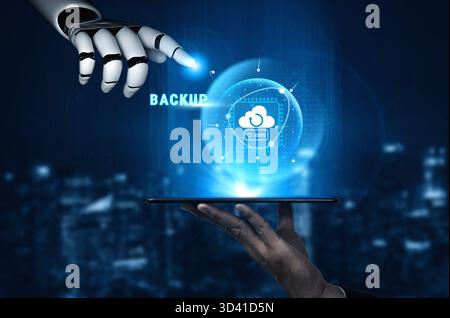 Cloud géré par IA pour les solutions de sauvegarde des données et de reprise après sinistre. Stockez et restaurez en toute sécurité les informations critiques de l'entreprise avec l'IA pour empêcher les données Banque D'Images