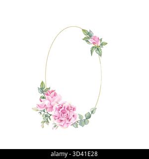 Cadre ovale doré rose. Couronne florale de fleur d'aquarelle, modèle rond. Bordure avec feuilles, eucalyptus, pistache. Illustration dorée isolée Banque D'Images