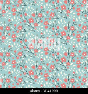 Un motif floral joyeux avec des fleurs de corail et des feuilles de sauge crée une esthétique fraîche et moderne. Parfait pour les textiles, papier peint. Illustration de Vecteur
