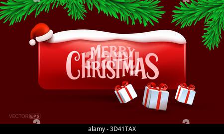 Bannière festive Joyeux Noël avec chapeau de Père Noël, neige et boîtes cadeaux. Un élément de conception d'arrière-plan de vacances. Illustration vectorielle Illustration de Vecteur