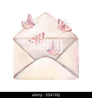 Enveloppe ouverte avec des papillons. Illustration aquarelle peinte à la main isolée sur blanc. Parfait pour les cartes de voeux, invitations de mariage, lettres d'amour Banque D'Images