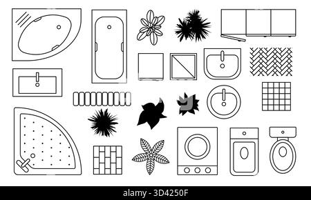 Ensemble vectoriel d'éléments intérieurs de salle de bains moderne. Vue de dessus du contour du meuble. Dessins CAO Illustration de Vecteur