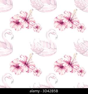 Délicieux papier peint de fond sans couture avec des vibrations tropicales d'été avec des flamants gonflables et des fleurs d'hibiscus, parfait pour les vacances Illustration de Vecteur