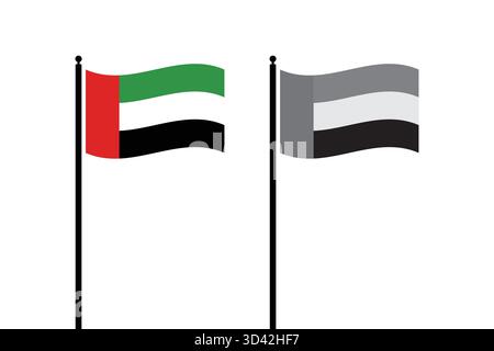 Drapeau des Émirats arabes Unis aux couleurs vives et une version en niveaux de gris colorés affichés sur des poteaux, sur fond blanc et net Illustration de Vecteur