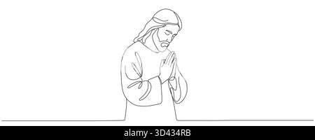 Jésus Christ priant, dessiné avec une ligne continue. Symbole chrétien de Pâques et Noël dans un style de ligne simple. Contour modifiable. Vecteur illustr Illustration de Vecteur
