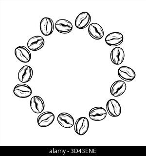 Dessin de ligne de cercle de grains de café noir et blanc minimaliste sur fond blanc. Parfait pour le logo de café, l'emballage, le menu, l'étiquette et la conception de marque moderne. Illustration de Vecteur