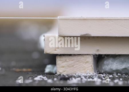 Isolation de toiture, installation de feuilles d'isolation sur la mousse. Mousse et isolation. Banque D'Images