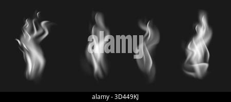 Piliers de fumée blancs réalistes et vapeur montant sur un fond sombre. Ensemble de vapeur isolée, de brouillard ou de fumée de cigarette. Illustration vectorielle modifiable. Illustration de Vecteur