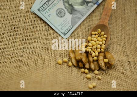 Graines de soja et gousses de soja dans une cuillère en bois. Sac en jute de qualité alimentaire. Dollars américains flous. Soja commerce mondial et transport. Banque D'Images