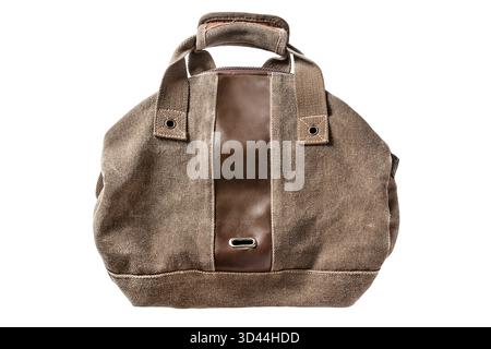 Sac à main de voyage en toile marron isolé sur fond blanc Banque D'Images