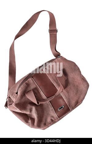 Sac à bandoulière de voyage en toile marron isolé sur blanc Banque D'Images
