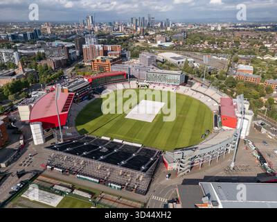 Vue aérienne du terrain de cricket Old Trafford, Old Trafford, Manchester, Royaume-Uni. Banque D'Images