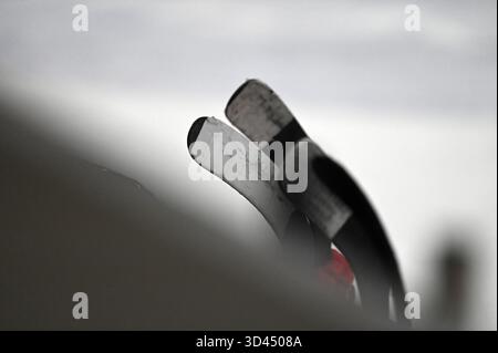 Landshut, Allemagne. 08 novembre 2025. Les bâtons de hockey sur glace sont tenus par les joueurs. Crédit : Markus Lenhardt/dpa/Alamy Live News Banque D'Images