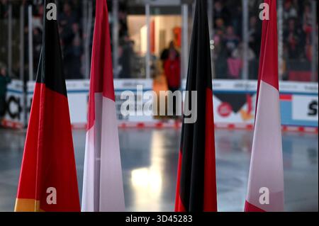 Landshut, Allemagne. 08 novembre 2025. Hockey sur glace : Coupe d'Allemagne, Allemagne - Autriche, phase de groupes, jour de match 2. Les drapeaux de l'Allemagne et de l'Autriche avant le match. Crédit : Markus Lenhardt/dpa/Alamy Live News Banque D'Images