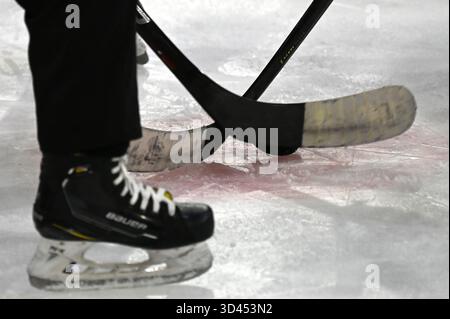 Landshut, Allemagne. 08 novembre 2025. Deux bâtons de hockey sur gazon se croisent lors d'un affrontement. Crédit : Markus Lenhardt/dpa/Alamy Live News Banque D'Images