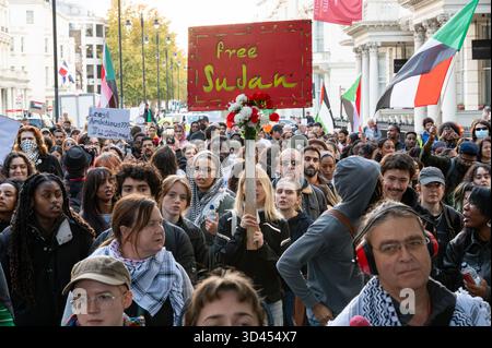 Londres, Royaume-Uni. 08 novembre 2025. Une femme tient une pancarte Soudan libre pendant le rassemblement. Des manifestants ont défilé à Londres pour manifester leur solidarité avec le peuple soudanais et appeler à la fin des ventes d'armes britanniques aux Émirats arabes Unis, ce qui, selon les militants, permet aux milices RSF de commettre des atrocités à travers le pays. Crédit : SOPA images Limited/Alamy Live News Banque D'Images