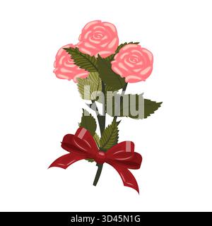 Un bouquet de roses rose clair noué avec un ruban rouge. Un ensemble de trois fleurs luxuriantes. Illustration vectorielle sur un fond blanc. Illustration de Vecteur