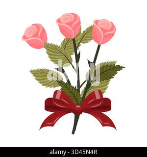 Un bouquet de roses rose clair noué avec un ruban rouge. Un ensemble de trois fleurs mignonnes. Illustration vectorielle sur un fond blanc. Illustration de Vecteur