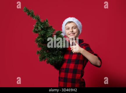 Garçon joyeux dans le chapeau de Père Noël et chemise à carreaux rouge tenant les pouces vers le haut, signe d'approbation comme, un petit arbre de Noël artificiel et pointant vers elle sur BA rouge Banque D'Images