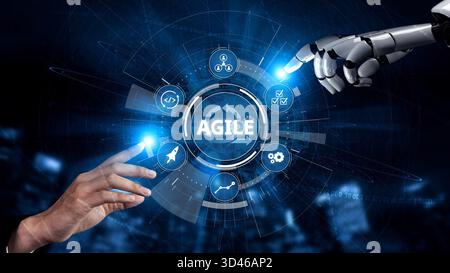 Gestion de projet agile utilisant des équipes et une planification agile pour un développement agile. Agile permet la flexibilité, la collaboration et l'amélioration continue Banque D'Images