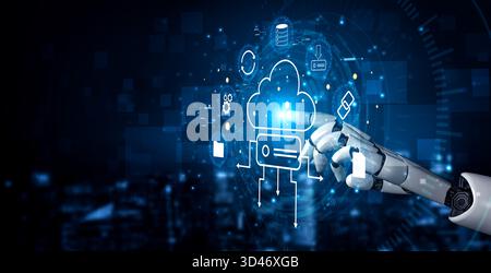 Un écosystème de stockage cloud et de synchronisation des données géré par l'IA. Un concept de cloud computing intelligent pour le stockage, la sauvegarde et le partage de fichiers. Motif Banque D'Images