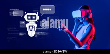 Une jeune femme est vue portant un casque de réalité virtuelle, interagissant avec un chatbot dans un environnement numérique. La scène met en évidence le mélange de Banque D'Images