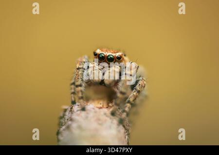Araignée sautante, evarcha falcata assis sur Brach. Macro arrière-plan animal tchèque Banque D'Images