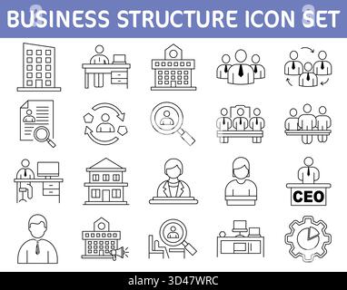 Jeu d'icônes de dessin au trait de structure métier. Symboles vectoriels de l'organisation, de la gestion et du travail d'équipe de l'entreprise pour les RH, la hiérarchie de l'entreprise et le flux de travail de bureau. Illustration de Vecteur