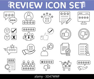 Jeu d'icônes de dessin au trait commentaires et commentaires du client. Symboles vectoriels de notation par étoiles, d'enquête de satisfaction, de commerce électronique et d'évaluation de la qualité. Illustration de Vecteur
