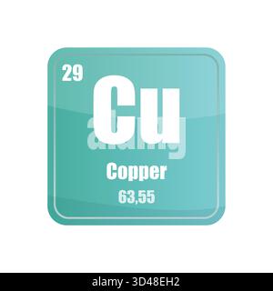 Carreau pour éléments chimiques en cuivre. Numéro atomique vingt-neuf. Icône de vecteur de signe CU. Forme carrée bleu cyan. Illustration de Vecteur