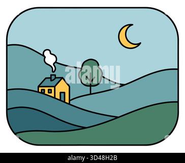 Illustration stylisée de House on Hill Under Crescent Moon avec fumée de cheminée Illustration de Vecteur