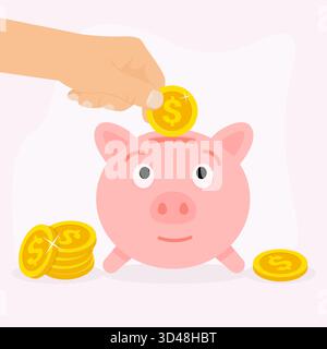 Tirelire de dessin animé avec illustration vectorielle de pièces de monnaie. Concept d'épargne mignon pour la finance et la banque Illustration de Vecteur