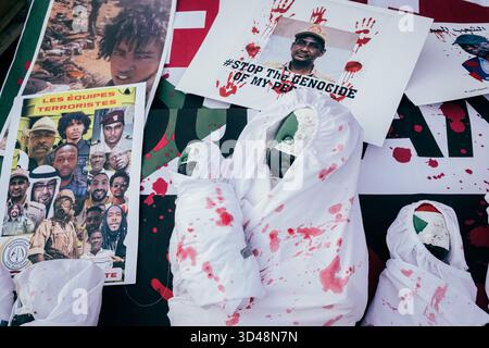 Paris, France. 08 novembre 2025. Rassemblement à Paris pour soutenir le peuple soudanais victime de massacres au Darfour et au Kordofan. Plusieurs centaines de personnes de la communauté soudanaise ont dénoncé les crimes de guerre commis par les paramilitaires des Forces de soutien rapide, notamment à El-Fasher, et la complicité des Émirats arabes Unis. - 08/11/2025 - France/Paris - Olivier Donnars/le Pictorium crédit : LE PICTORIUM/Alamy Live News Banque D'Images