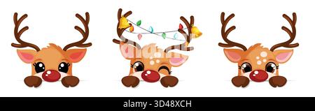 Personnage de renne de dessin animé jetant un coup d'œil sur Copyspace Banner Artwork - Character expression Collection. Admiration, Winking et curieuse illustration de cerfs Illustration de Vecteur