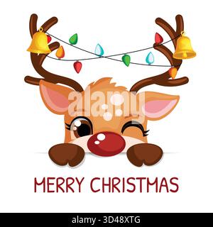 Drôle de renne au nez rouge jetant un coup d'œil avec des lumières et des cloches de Noël. Modèle de voeux joyeux Noël vecteur de dessin animé Illustration de Vecteur
