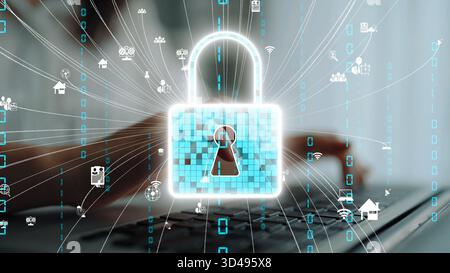 Cette image présente un cadenas numérique symbolisant la sécurité, avec des flux de données soulignant l'importance de la cybersécurité et de la confidentialité en ligne dans un Banque D'Images