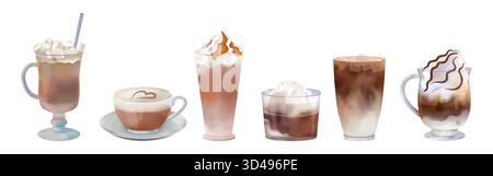 Tasse à café. Boisson latte glacée, expresso mignon chaud dans un verre transparent. Cappuccino pour le menu de café, boisson americano avec mousse de lait, milkshake macchiato avec illustration isolée d'aquarelle vectorielle de crème Illustration de Vecteur