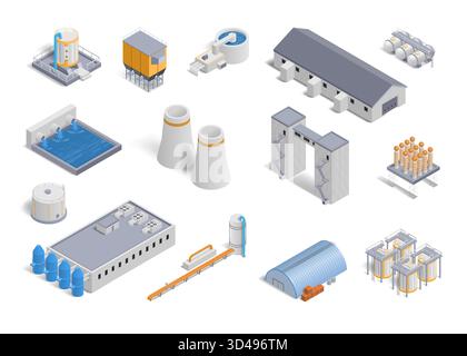 Bâtiments industriels isométriques. Eau, gaz et centrale électrique. Réservoir d'huile. Cheminée de production de fabrication. Entrepôt d'affaires pour le stockage. Façade d'architecture 3D. Ensemble de constructions d'usine vectorielle Illustration de Vecteur
