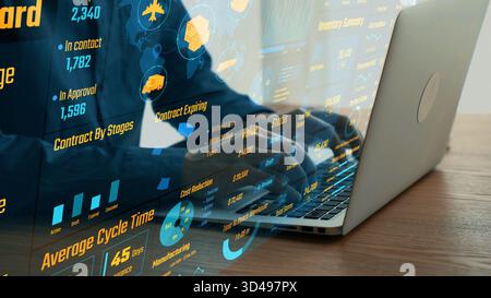 Un professionnel s'engage avec un ordinateur portable entouré de visualisations numériques d'analyse de données, mettant en valeur des idées qui améliorent l'activité Banque D'Images