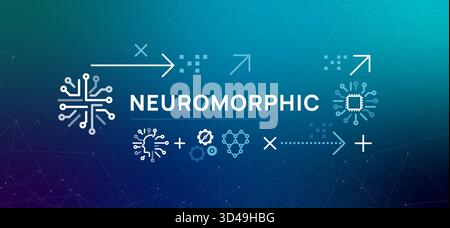 Concept de calcul neuromorphe sur fond bleu dégradé des icônes montrent un circuit et une micropuce de type cerveau représentant le matériel inspiré par l'humain Illustration de Vecteur