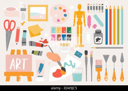 Outils artistiques créatifs, fournitures de peinture, pinceaux, crayons, palettes, main mannequin, et papeterie arrangée pour les artistes et les amateurs, illustration vectorielle colorée et détaillée Illustration de Vecteur