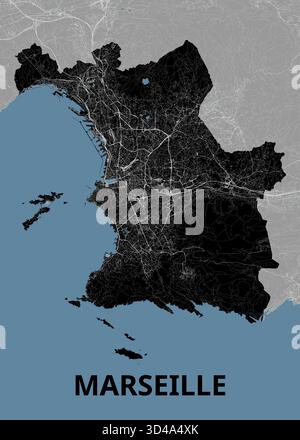 Titre : cette image montre une carte détaillée de Marseille, France. Le contour de la ville est rempli d'un réseau de rues et de zones urbaines en noir et blanc Illustration de Vecteur