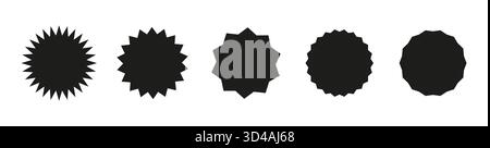 Autocollants cercles. Ensemble de badges noirs promotionnels à bords ondulés. Étiquettes en forme d'éclat d'étoile pour le prix. Autocollants de vente simples vierges. Silhouette plate. Étiquettes vintage Illustration de Vecteur